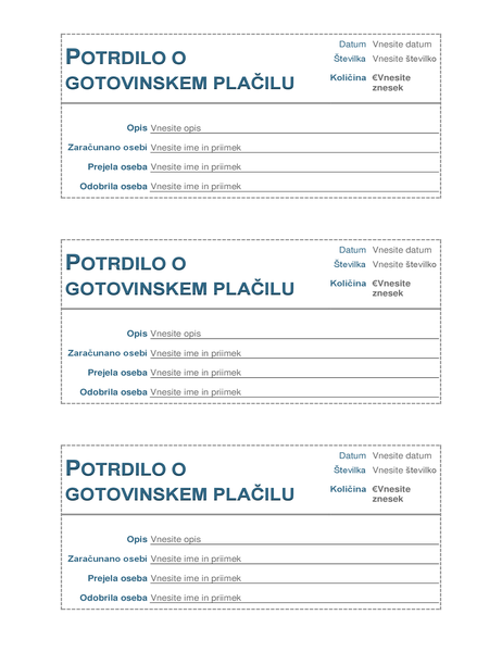 Potrdilo o gotovinskem plačilu (trije na stran) Potrdilo o gotovinskem plačilu (trije na stran)