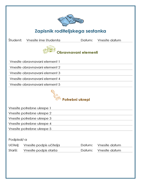 Zapisnik roditeljskega sestanka med učiteljem in starši