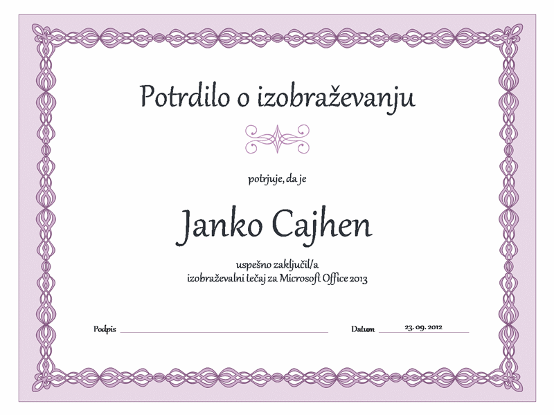Potrdilo o izobraževanju (zasnova z vijolično verižno obrobo) Potrdilo o izobraževanju (zasnova z vijolično verižno obrobo)