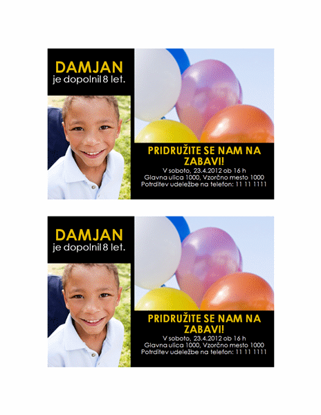 Povabilo na zabavo (rumena predloga na črnem ozadju z 2 fotografijama) Povabilo na zabavo (rumena predloga na črnem ozadju z 2 fotografijama)