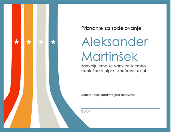 Priznanje za sodelovanje Priznanje za sodelovanje