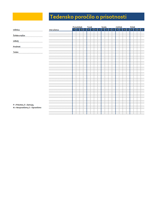 Evidenčni list za beleženje tedenske prisotnosti učencev v razredu