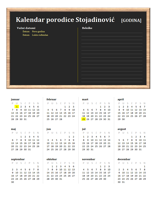 Porodični kalendar (bilo koja godina, poned–ned) Porodični kalendar (bilo koja godina, poned–ned)