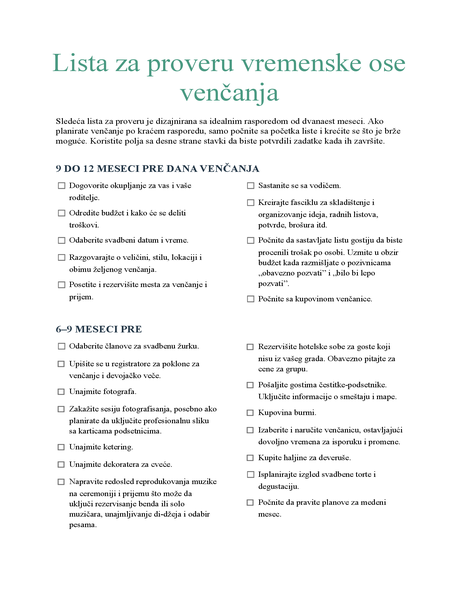 Lista za proveru vremenske ose venčanja Lista za proveru vremenske ose venčanja