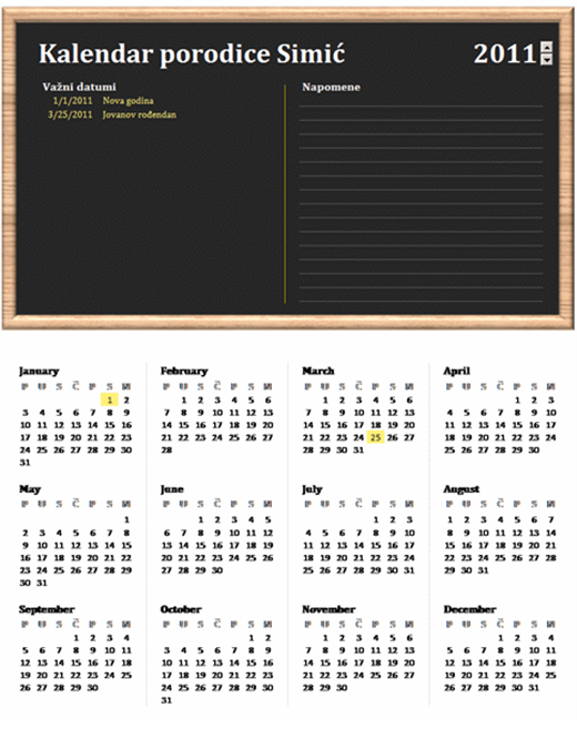 Porodični kalendar (za bilo koju godinu, od ponedeljka do nedelje)