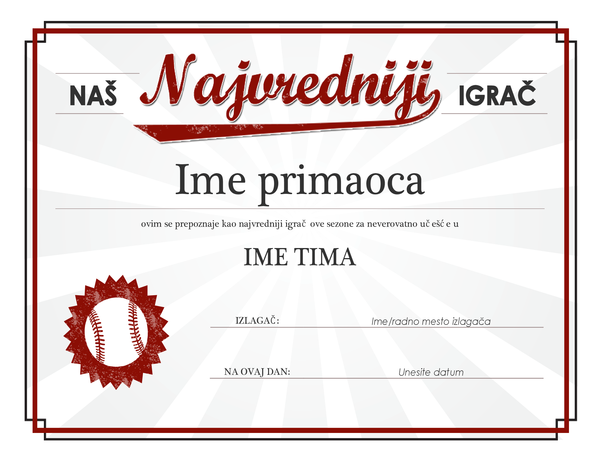 Certifikat o nagradi „Naš najvredniji igrač“ Certifikat o nagradi „Naš najvredniji igrač“