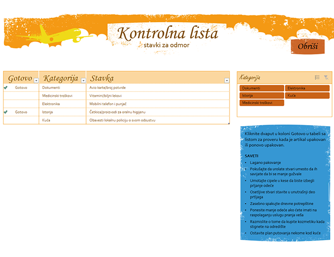 Kontrolna lista stavki za odmor Kontrolna lista stavki za odmor