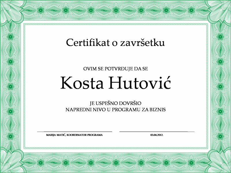 Certifikat o završetku (zeleni) Certifikat o završetku (zeleni)