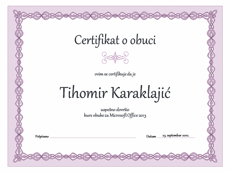 Sertifikat o obuci (sa ljubičastim lancem) Sertifikat o obuci (sa ljubičastim lancem)