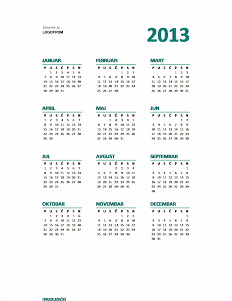Kalendar tipa „Pogled na godinu“ za godinu 2013. (u M-S formatu) Kalendar tipa „Pogled na godinu“ za godinu 2013. (u M-S formatu)