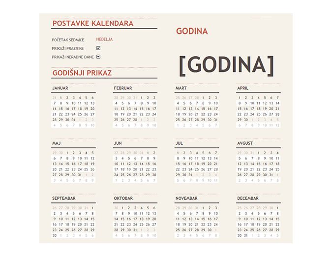 Bilo koji godišnji kalendar sa praznicima