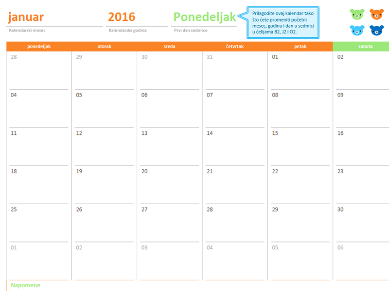 Mesečni kalendar za bilo koju godinu (12 stranica, dizajn „Mede i duga“) Mesečni kalendar za bilo koju godinu (12 stranica, dizajn „Mede i duga“)