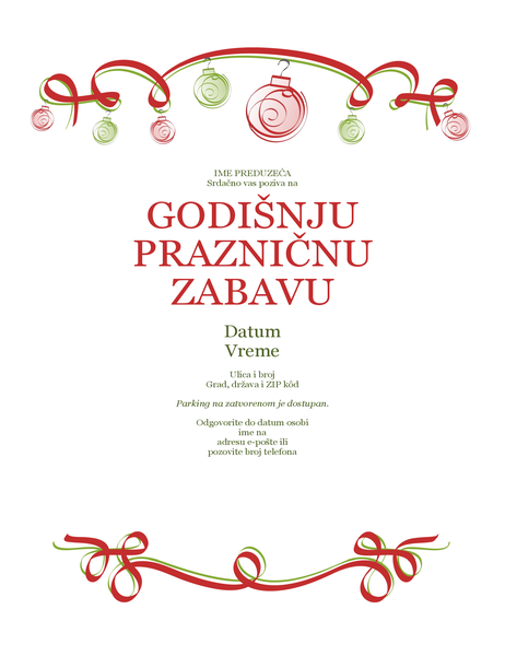 Pozivnica za prazničnu zabavu sa ornamentima i crvenom trakom (formalni dizajn) Pozivnica za prazničnu zabavu sa ornamentima i crvenom trakom (formalni dizajn)