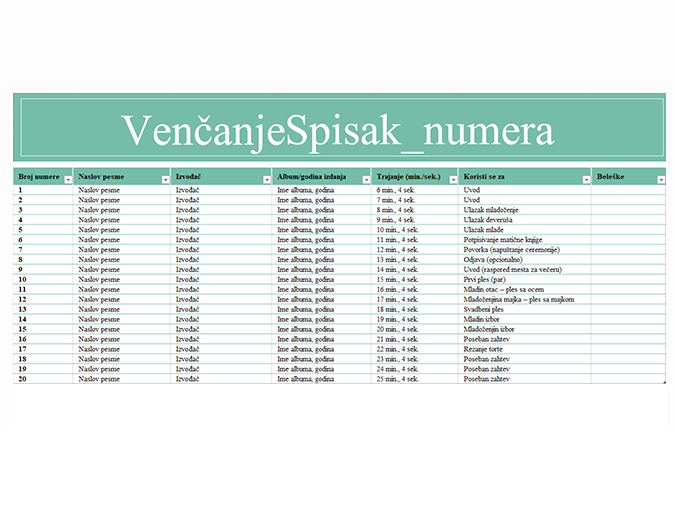 Spisak numera za venčanje Spisak numera za venčanje