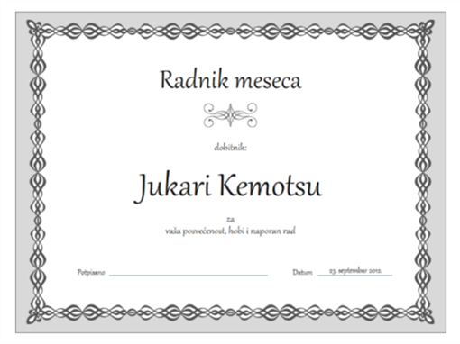 Certifikat, radnik meseca (dizajn sa sivim lancem) Certifikat, radnik meseca (dizajn sa sivim lancem)