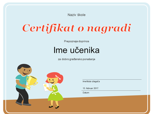 Certifikat o nagradi (za učenike osnovne škole) Certifikat o nagradi (za učenike osnovne škole)