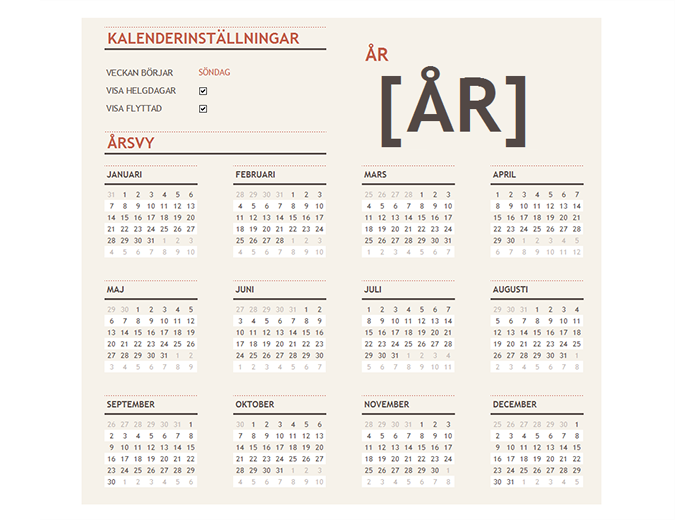 Kalender för valfritt år med helgdagar Kalender för valfritt år med helgdagar