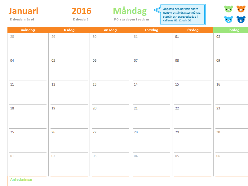 Månadskalender för valfritt år (12 sidor, björndesign i regnbågens färger) Månadskalender för valfritt år (12 sidor, björndesign i regnbågens färger)