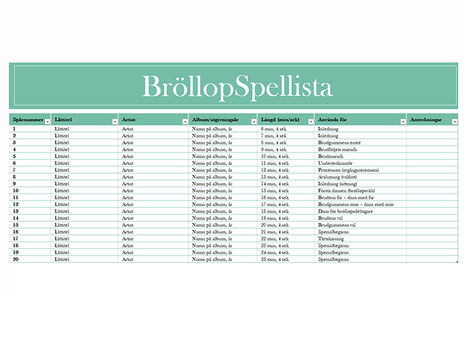 Spellista för bröllopet Spellista för bröllopet