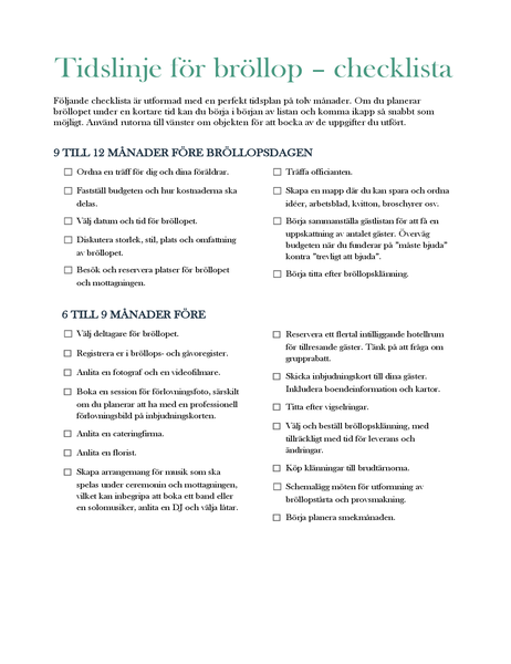 Tidslinje för bröllop – checklista Tidslinje för bröllop – checklista