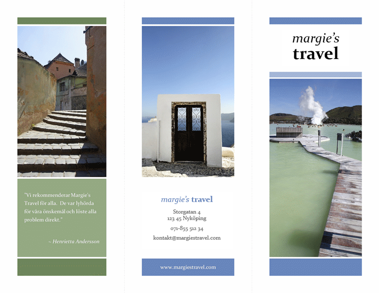 Trippelvikt resebroschyr (blå och grön design)