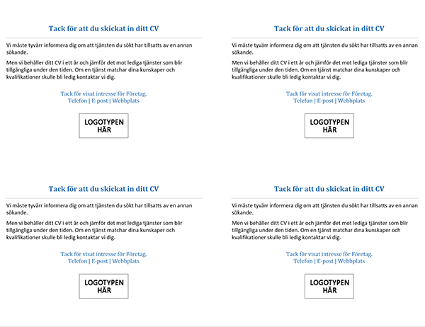 Vykort till kandidater när tjänsten är tillsatt (4 per sida)