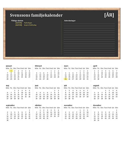Familjekalender (valfritt år, mån – sön) Familjekalender (valfritt år, mån – sön)