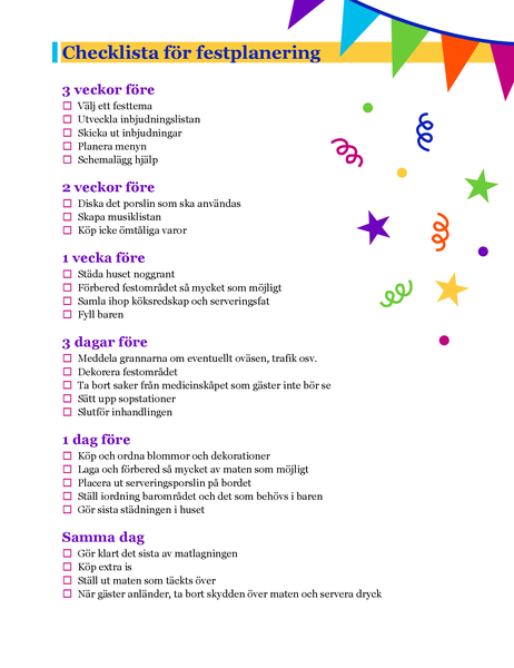 Checklista för festplanering Checklista för festplanering