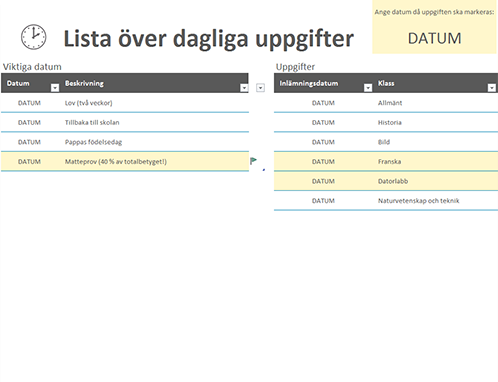Lista över dagliga uppgifter Lista över dagliga uppgifter