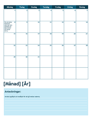 Akademisk kalender för en månad (startar en måndag)