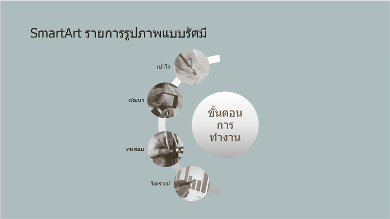 SmartArt ขั้นตอนการทำงานพร้อมรายการรูปภาพแบบรัศมี (จอกว้าง) SmartArt ขั้นตอนการทำงานพร้อมรายการรูปภาพแบบรัศมี (จอกว้าง)