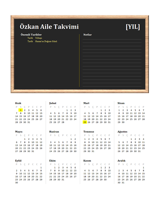 Aile takvimi (herhangi bir yıl, Pzt-Paz) Aile takvimi (herhangi bir yıl, Pzt-Paz)