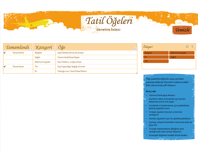 Tatil öğeleri denetim listesi Tatil öğeleri denetim listesi