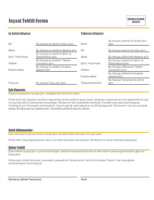 İnşaat teklif formu İnşaat teklif formu