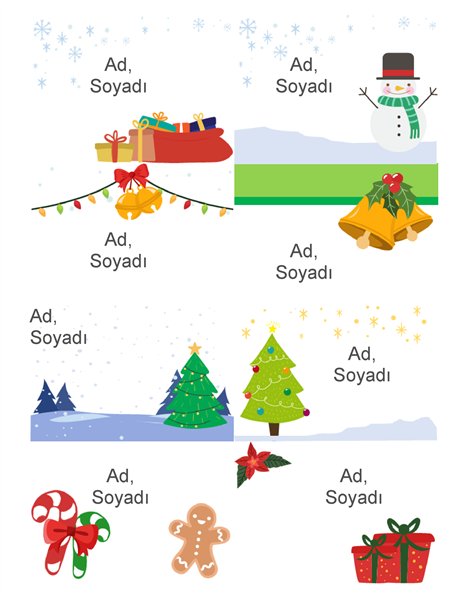 Bayramlık ad rozetleri (sayfa başına 8 tane, Noel Ruhu tasarımı, Avery 5395 ve benzerleriyle çalışır) Bayramlık ad rozetleri (sayfa başına 8 tane, Noel Ruhu tasarımı, Avery 5395 ve benzerleriyle çalışır)