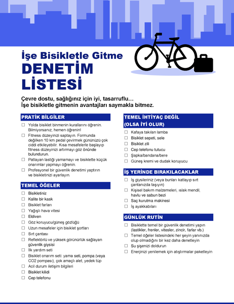 Bisikletle işe gidiş geliş denetim listesi Bisikletle işe gidiş geliş denetim listesi