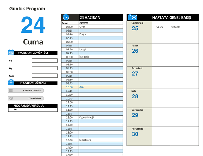 Günlük çalışma programı Günlük çalışma programı