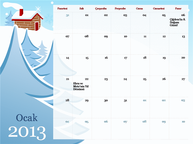 2013 yılı resimli mevsimlik takvimi, Pts-Pzr 2013 yılı resimli mevsimlik takvimi, Pts-Pzr