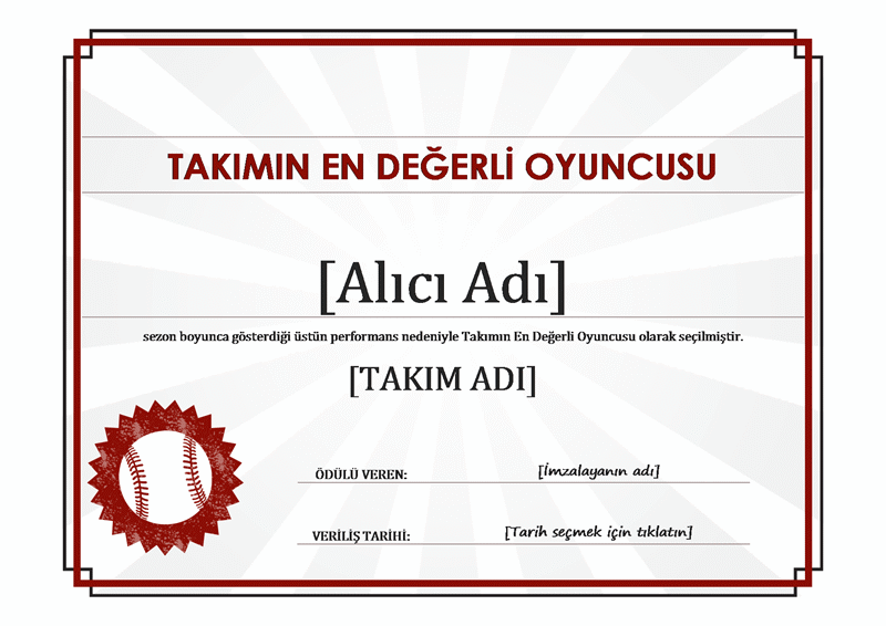 Takımın en değerli oyuncusu sertifikası Takımın en değerli oyuncusu sertifikası
