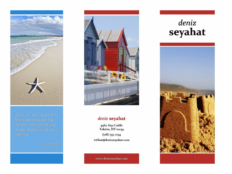 Üçe katlanan seyahat broşürü (kırmızı, altın, mavi tasarım) Üçe katlanan seyahat broşürü (kırmızı, altın, mavi tasarım)