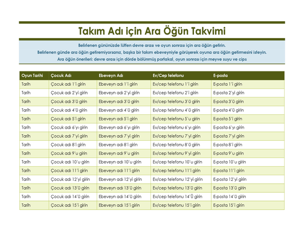 Genç spor takımı için ara öğün kayıt sayfası Genç spor takımı için ara öğün kayıt sayfası