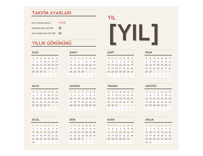 Tüm yıllar için bayramları içeren takvim