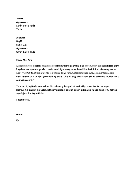 Cenaze evinden soy ağacı kayıtlarını talep etme mektubu