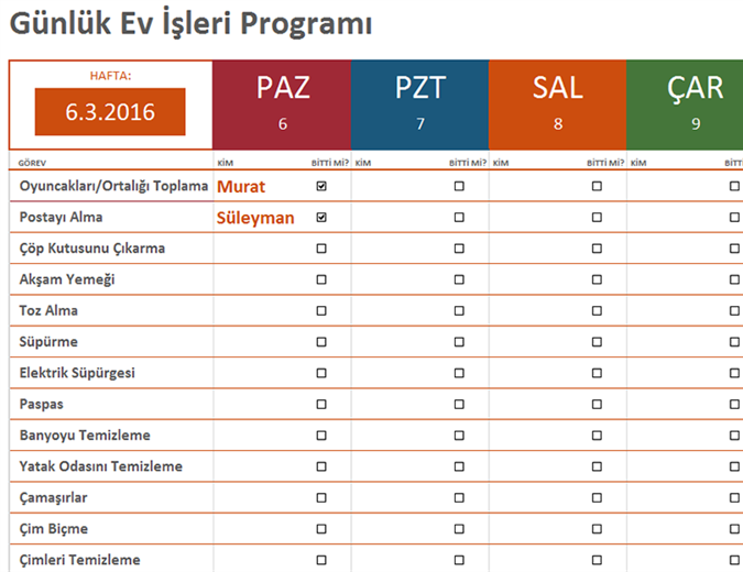 Haftalık ev işleri programı