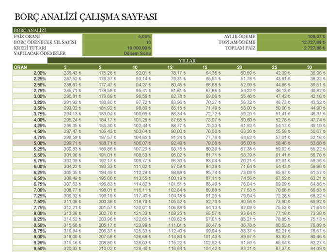 Borç analizi çalışma sayfası Borç analizi çalışma sayfası
