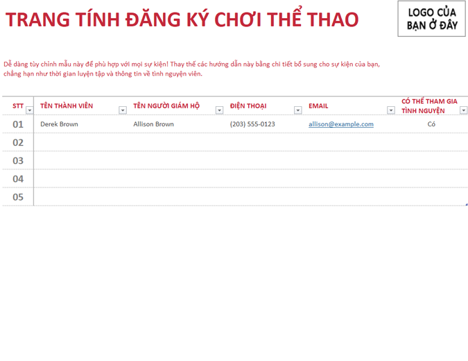 Trang tính đăng ký chơi thể thao Trang tính đăng ký chơi thể thao