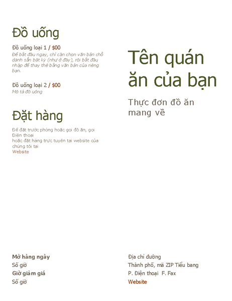 Thực đơn đồ ăn mang về Thực đơn đồ ăn mang về