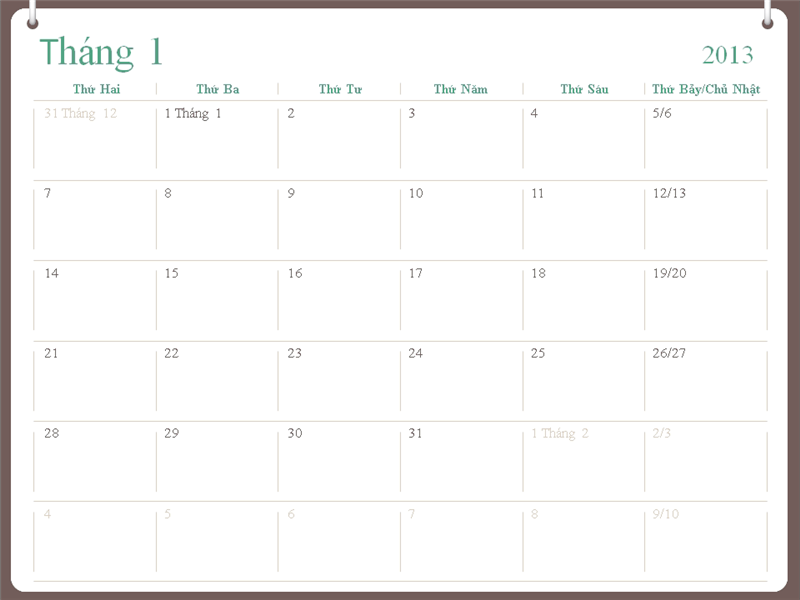 Thiết kế lịch 2013 (thứ Hai-Chủ Nhật) hai vòng Thiết kế lịch 2013 (thứ Hai-Chủ Nhật) hai vòng