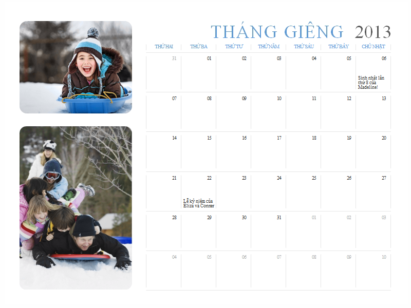 Lịch ảnh 2013 (Thứ Hai- Chủ Nhật)