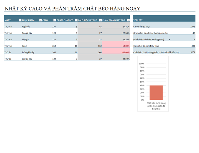 Nhật ký lượng calo và chất béo thực phẩm hàng ngày